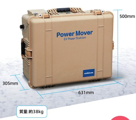 ニチコン製のV2L PowerMover 4.5KWタイプ。1500Wのコンセントが3口